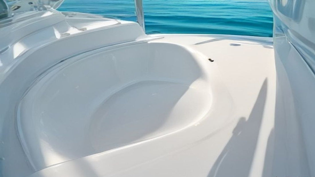 Glossy fiberglass center console hull shining in coastal sun