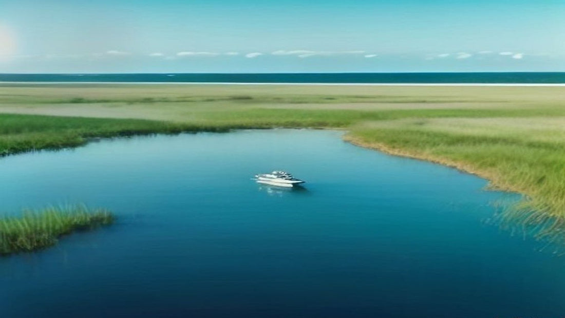 Boat at anchor in calm Carolina sound flats with marsh shoreline