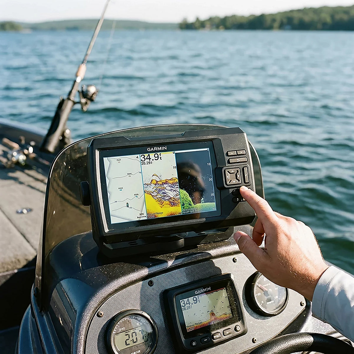 Coastal day-boat helm electronics in natural sunlight