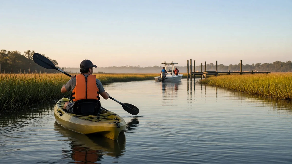 Kayaker in a plain orange life jacket paddling a Lowcountry salt marsh creek at sunrise while a skiff idles by a dock