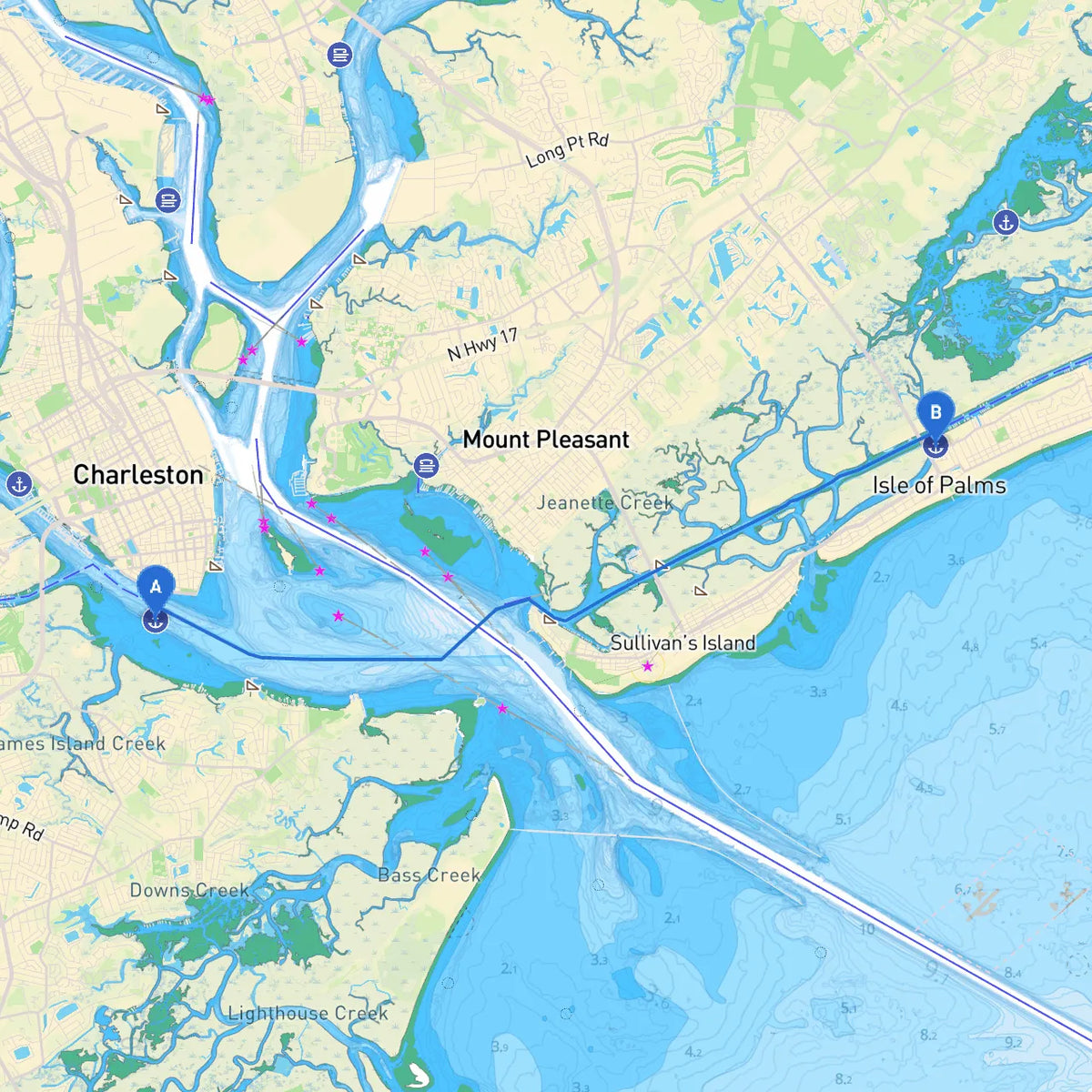 Charleston to Isle of Palms SC nautical plot map