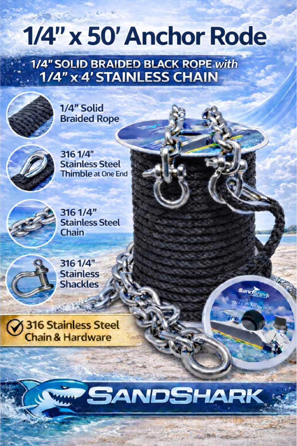 Metal chain and rope on a spool with a white background