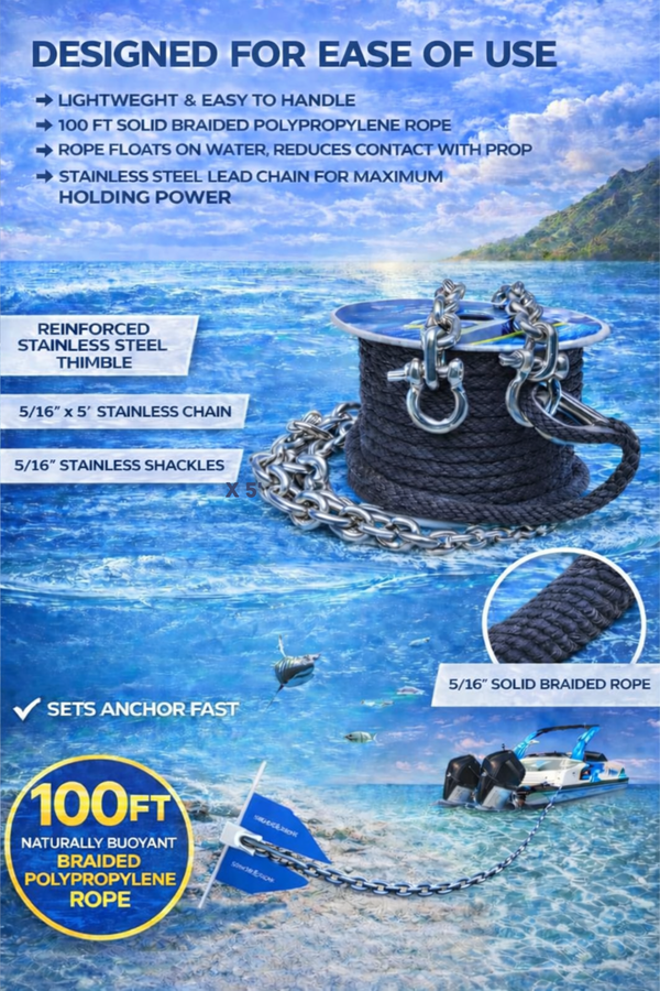100ft Anchor Line & 5ft Stainless Steel Chain