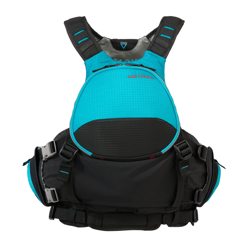 Blue and black life jacket on a white background
