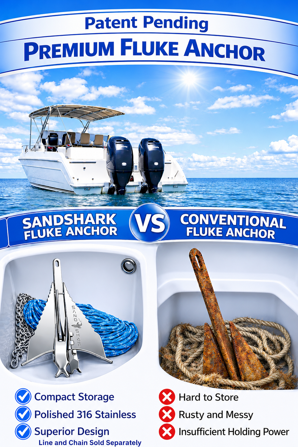 316 Stainless Fluke Anchor - Retractable Shaft (13 lbs)