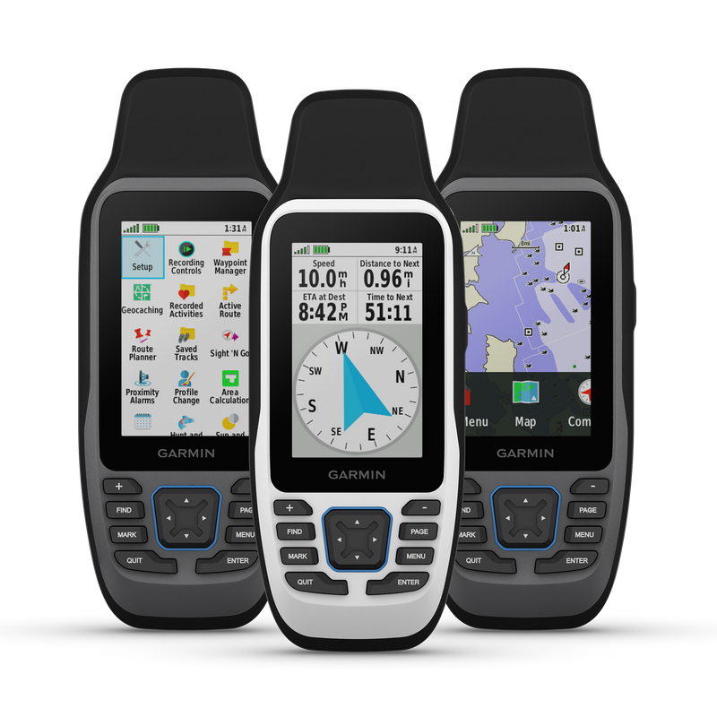 Three Garmin GPS devices on a white background