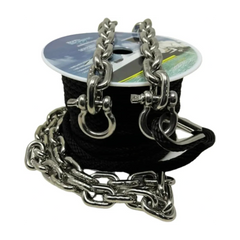 Metal chain and rope on a spool with a white background