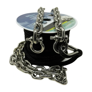 Metal chain and rope on a spool with a white background