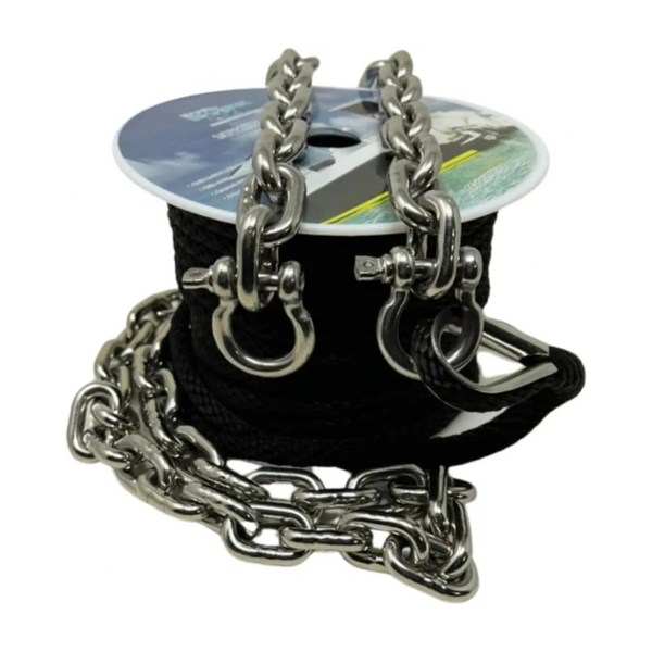 Metal chain and rope on a spool with a white background