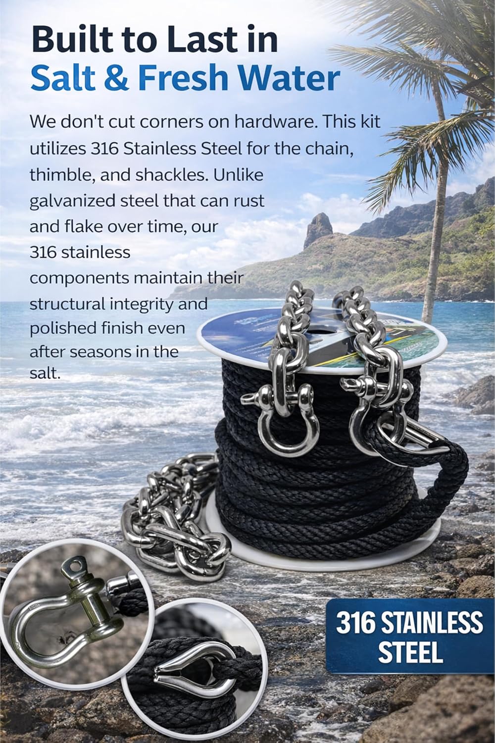 Metal chain and rope on a spool with a white background