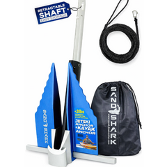 Sand Shark Jetski Anchor and Kayak Anchor set with blue wedge-shaped anchors, a black retractable anchor shaft, a coiled black anchor rope, and a black drawstring bag on a white background.