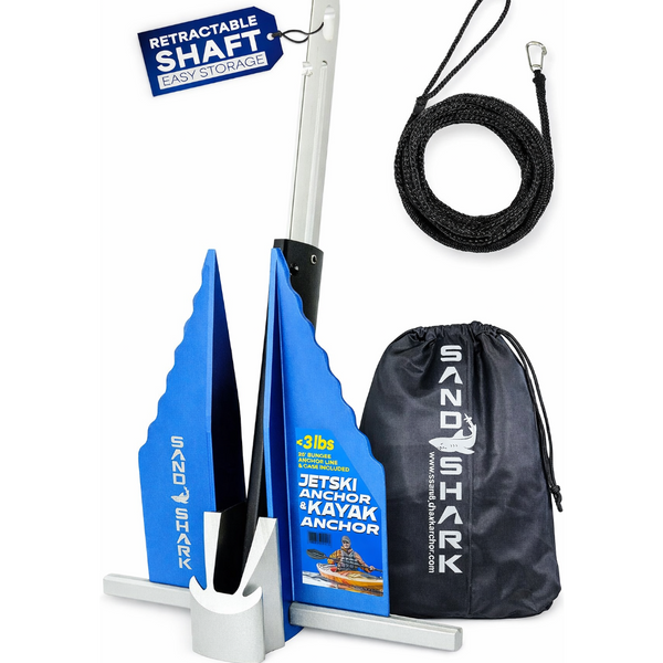 Sand Shark Jetski Anchor and Kayak Anchor set with blue wedge-shaped anchors, a black retractable anchor shaft, a coiled black anchor rope, and a black drawstring bag on a white background.