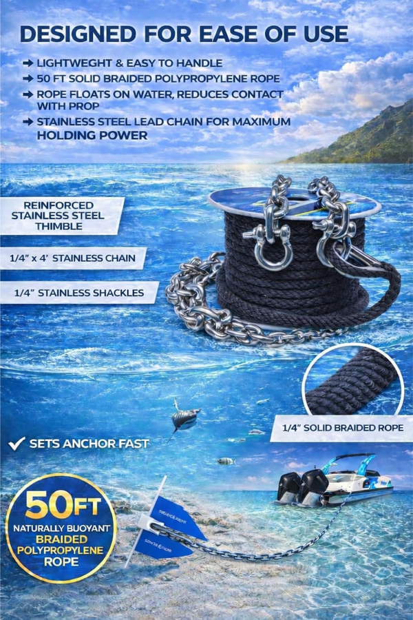 50ft Anchor Line & 4ft Stainless Steel Chain
