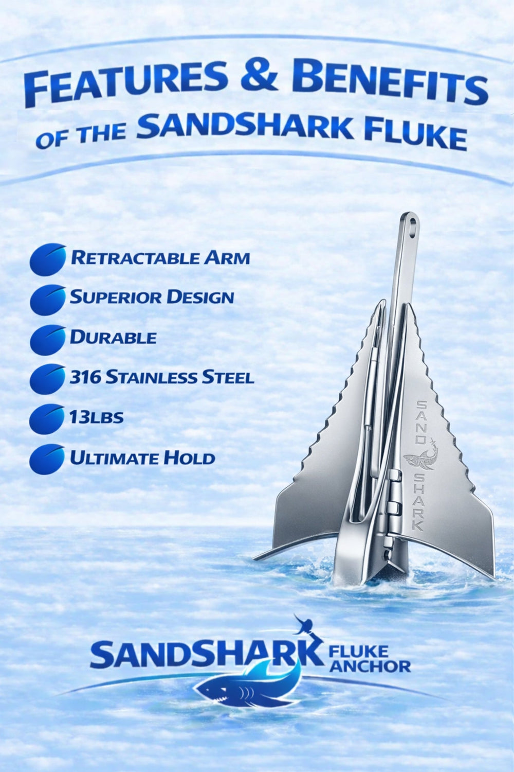316 Stainless Fluke Anchor - Retractable Shaft (13 lbs)