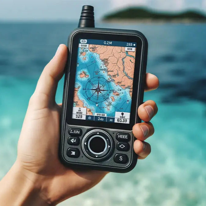 Hand holding a GPS device with a map displayed, set against a scenic ocean background.