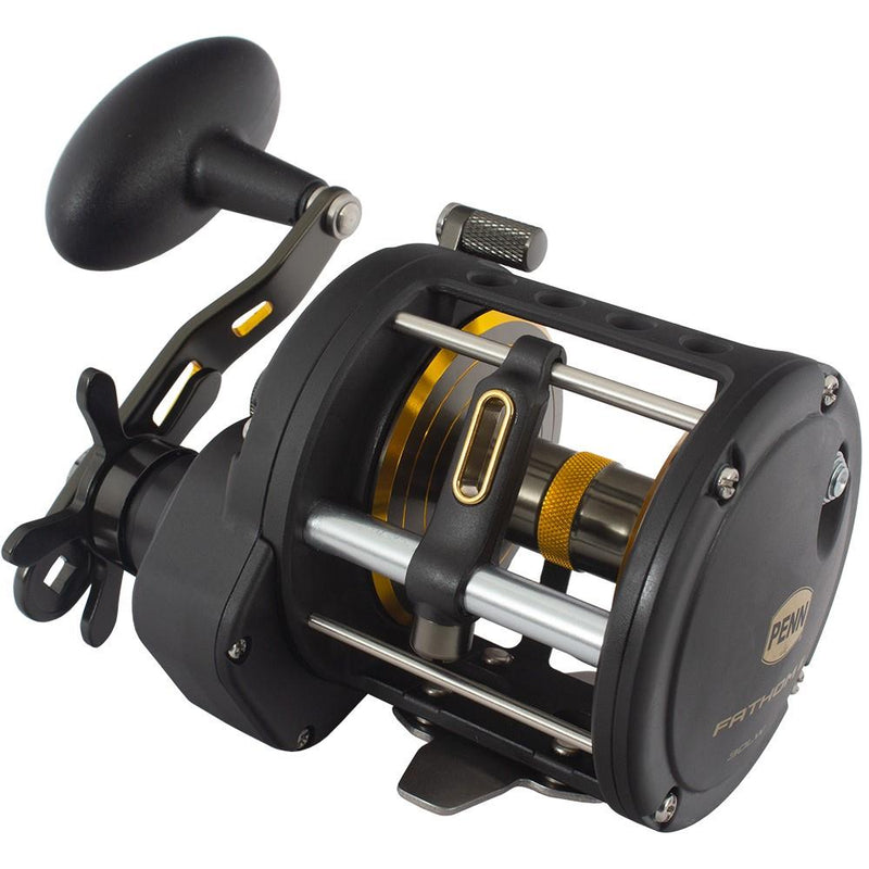 Fishing reel with black and yellow components on a white background