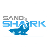 Logo of Sand Shark with a blue shark illustration on a white background